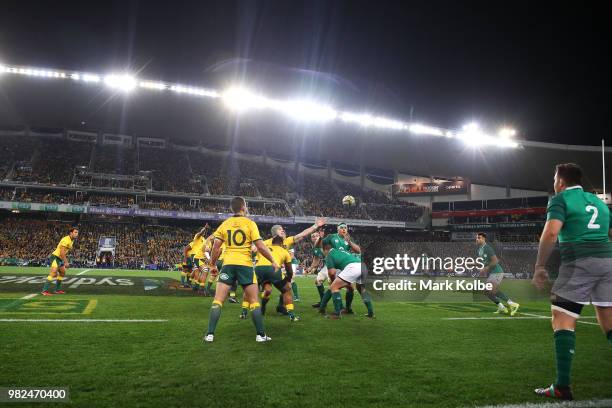 General view is seen of a lineout during the Third International Test match between the Australian Wallabies and Ireland at Allianz Stadium on June...