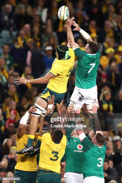 Adam Coleman of the Wallabies and Peter O'Mahony of Ireland compete for the ball in the lineout during the Third International Test match between the...