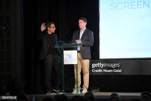 Ben Stiller and Mike Birbiglia speak onstage during the Screenwriters Tribute at the 2018 Nantucket Film Festival - Day 4 on June 23, 2018 in...