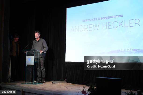 Andrew Heckler accepts an award onstage at the Screenwriters Tribute at the 2018 Nantucket Film Festival - Day 4 on June 23, 2018 in Nantucket,...