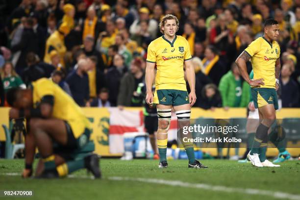 Ned Hanigan and Israel Folau of the Wallabies look dejected after defeat during the Third International Test match between the Australian Wallabies...