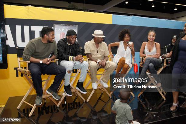 The cast of 'The Bobby Brown Story' speaks at the House of Fashion & Beauty during the 2018 BET Experience at Los Angeles Convention Center on June...
