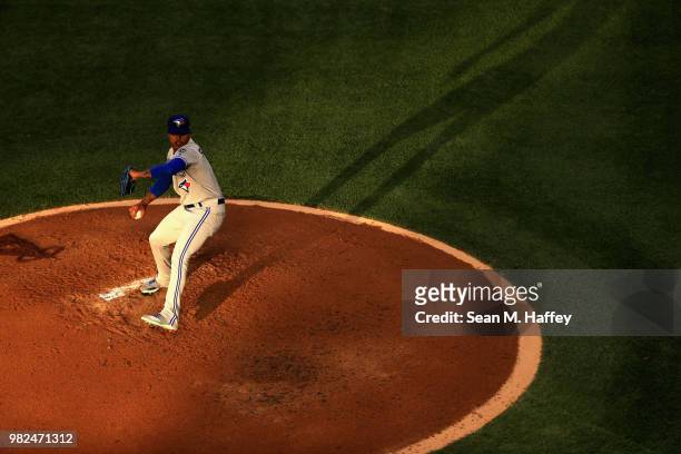 Marcus Stroman of the Toronto Blue Jays pitches during the third inning of a game against the Los Angeles Angels of Anaheim at Angel Stadium on June...