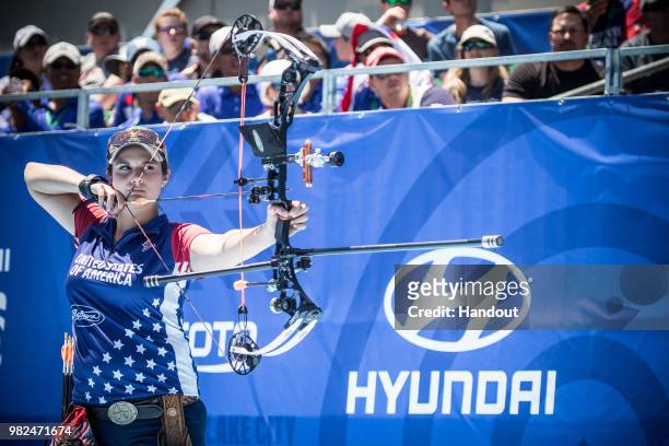 In this handout image provided by the World Archery Federation, Lexi Keller of USA during the compound Women's team finals during the Hyundai Archery...