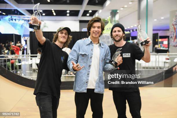 Dave Bachinsky, Heimana Reynolds and Brad McClain attend Kicksperience at the 2018 BET Experience Fan Fest at Los Angeles Convention Center on June...