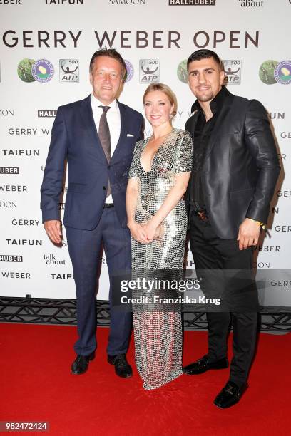 Ralf Weber, CEO Gerry Weber, his wife Irina Weber and boxer Marco Huck attend the Gerry Weber Open Fashion Night 2018 at Gerry Weber Stadium on June...