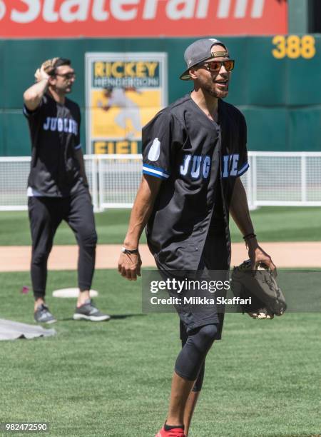 Golden State Warriors point guard Stephen Curry plays in Water For Life Charity Softball Game at Oakland-Alameda County Coliseum on June 23, 2018 in...