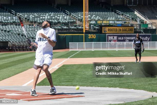 Golden State Warriors center JaVale McGee plays in Water For Life Charity Softball Game at Oakland-Alameda County Coliseum on June 23, 2018 in...