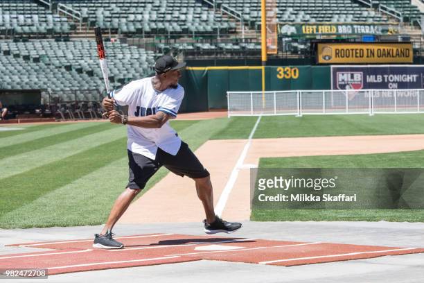 Golden State Warriors forward David West plays in Water For Life Charity Softball Game at Oakland-Alameda County Coliseum on June 23, 2018 in...