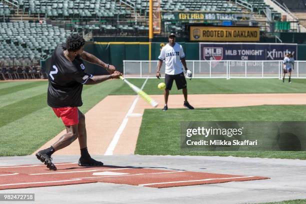 Golden State Warriors center Jordan Bell plays in Water For Life Charity Softball Game at Oakland-Alameda County Coliseum on June 23, 2018 in...