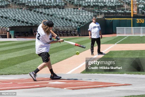 Actor Blake Anderson plays in Water For Life Charity Softball Game at Oakland-Alameda County Coliseum on June 23, 2018 in Oakland, California.