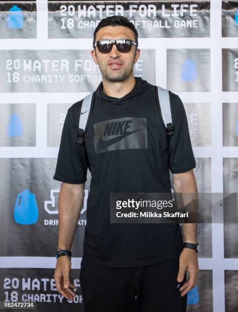 Golden State Warriors center Zaza Pachulia arrives at Water For Life Charity Softball Game at Oakland-Alameda County Coliseum on June 23, 2018 in...