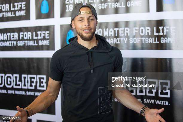 Golden State Warriors point guard Stephen Curry arrives at Water For Life Charity Softball Game at Oakland-Alameda County Coliseum on June 23, 2018...