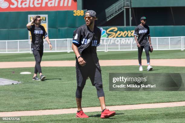 Golden State Warriors point guard Stephen Curry plays in Water For Life Charity Softball Game at Oakland-Alameda County Coliseum on June 23, 2018 in...