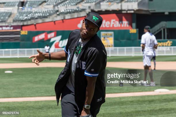 Golden State Warriors forward Andre Iguodala plays in Water For Life Charity Softball Game at Oakland-Alameda County Coliseum on June 23, 2018 in...