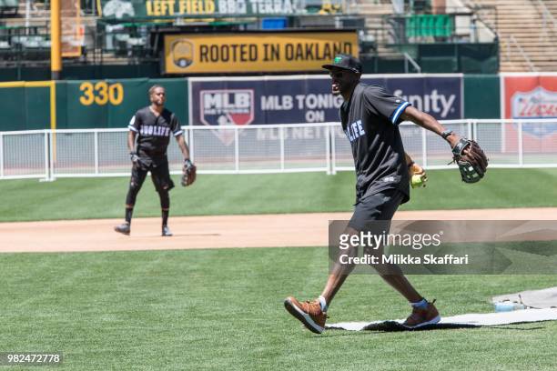 Golden State Warriors forward Andre Iguodala plays in Water For Life Charity Softball Game at Oakland-Alameda County Coliseum on June 23, 2018 in...
