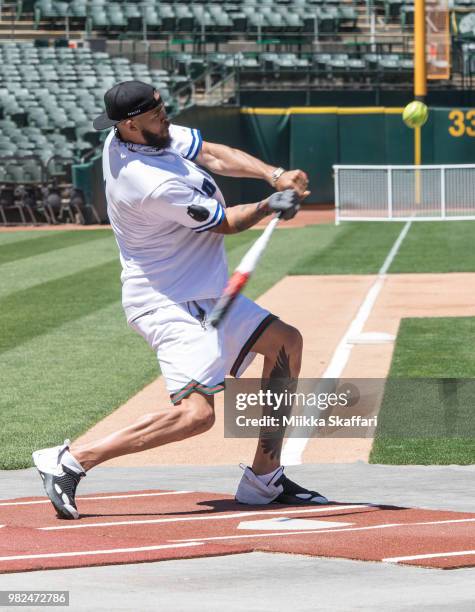 Golden State Warriors center JaVale McGee plays in Water For Life Charity Softball Game at Oakland-Alameda County Coliseum on June 23, 2018 in...