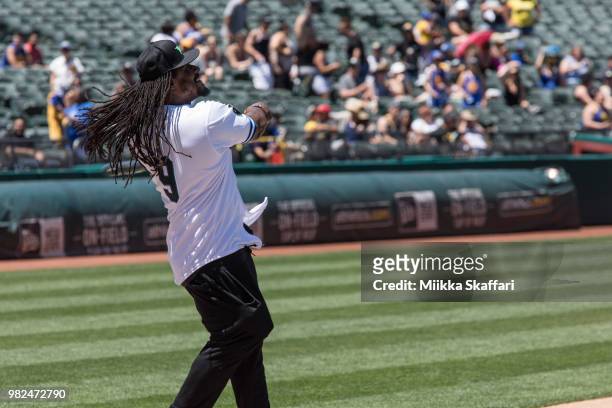 Oakland Raiders running back Marshawn Lynch plays in Water For Life Charity Softball Game at Oakland-Alameda County Coliseum on June 23, 2018 in...