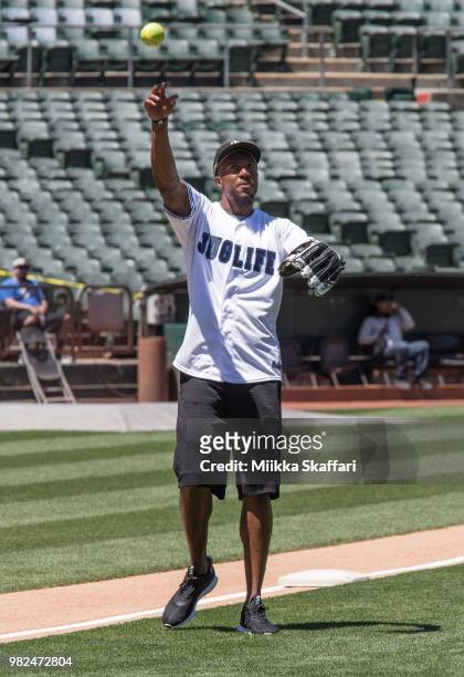 Golden State Warriors forward David West plays in Water For Life Charity Softball Game at Oakland-Alameda County Coliseum on June 23, 2018 in...