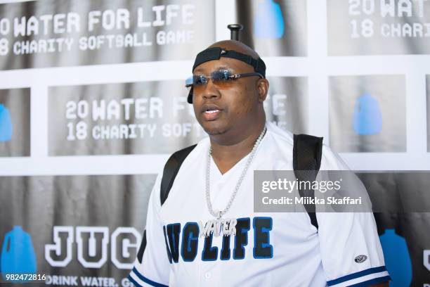 Rapper E-40 arrives at Water For Life Charity Softball Game at Oakland-Alameda County Coliseum on June 23, 2018 in Oakland, California.