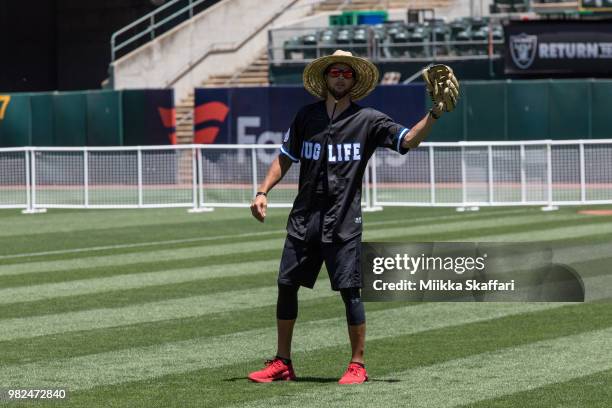 Golden State Warriors point guard Stephen Curry plays in Water For Life Charity Softball Game at Oakland-Alameda County Coliseum on June 23, 2018 in...