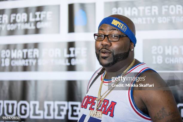 Rapper Mistah F.A.B. Arrives at Water For Life Charity Softball Game at Oakland-Alameda County Coliseum on June 23, 2018 in Oakland, California.