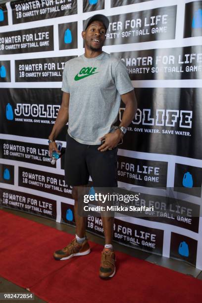 Golden State Warriors forward Andre Iguodala arrives at Water For Life Charity Softball Game at Oakland-Alameda County Coliseum on June 23, 2018 in...