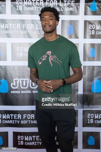 Golden State Warriors center Damian Jones arrives at Water For Life Charity Softball Game at Oakland-Alameda County Coliseum on June 23, 2018 in...