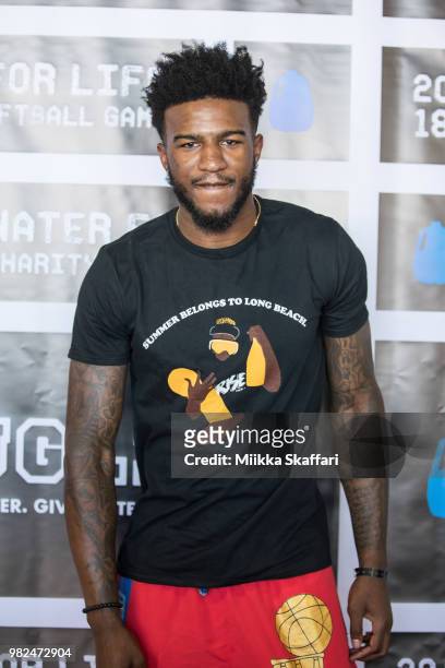 Golden State Warriors center Jordan Bell arrives at Water For Life Charity Softball Game at Oakland-Alameda County Coliseum on June 23, 2018 in...