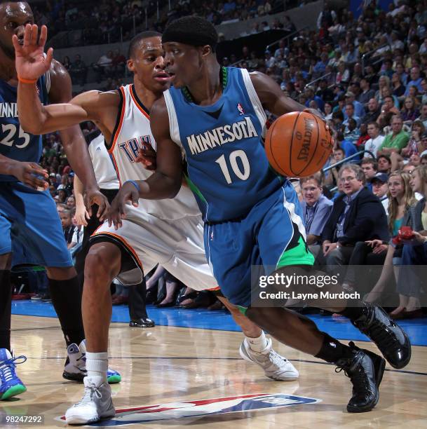 Jonny Flynn of the Minnesota Timberwolves drives to the basket against Russell Westbrook of the Oklahoma City Thunder on April 4, 2010 at the Ford...