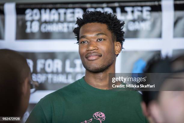 Golden State Warriors center Damian Jones arrives at Water For Life Charity Softball Game at Oakland-Alameda County Coliseum on June 23, 2018 in...