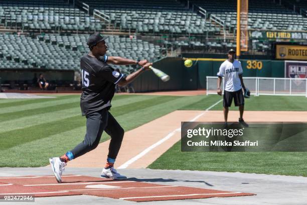 Golden State Warriors center Damian Jones plays in Water For Life Charity Softball Game at Oakland-Alameda County Coliseum on June 23, 2018 in...