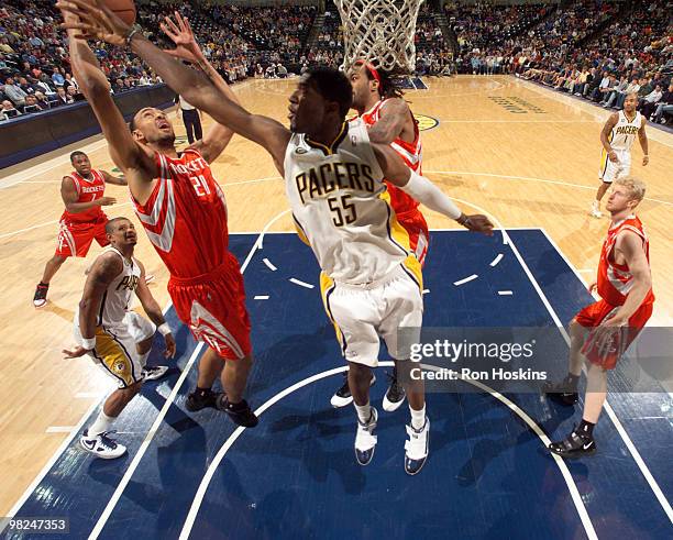 Roy Hibbert of the Indiana Pacers battles Jared Jeffries of the Houston Rockets at Conseco Fieldhouse on April 4, 2010 in Indianapolis, Indiana. NOTE...