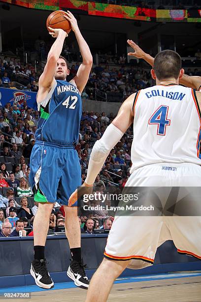 Kevin Love of the Minnesota Timberwolves shoots over Nick Collison of the Oklahoma City Thunder on April 4, 2010 at the Ford Center in Oklahoma City,...