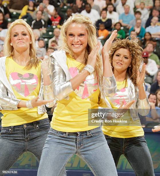 Members of the Indiana Pacers, Pacemates, perform as the Pacers took on the Houston Rockets at Conseco Fieldhouse on April 4, 2010 in Indianapolis,...