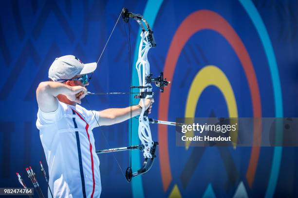 In this handout image provided by the World Archery Federation, Pierre Julien Deloche of France during the compound Men's team finals during the...