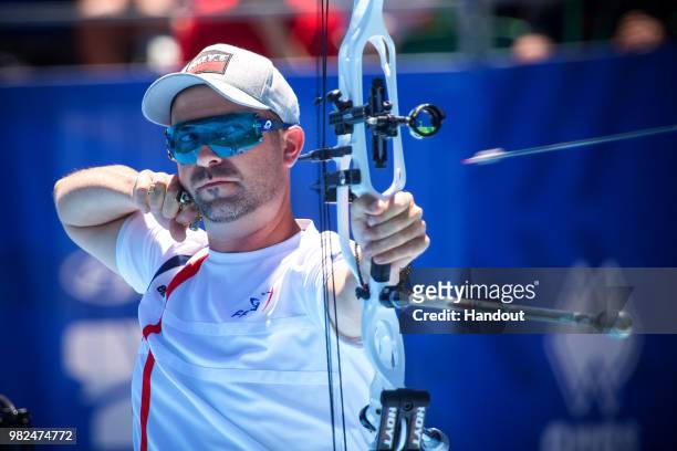 In this handout image provided by the World Archery Federation, Pierre Julien Deloche of France during the compound Men's team finals during the...