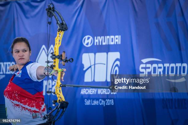 In this handout image provided by the World Archery Federation, Amaya Ampara Cojuangco of Phillipines during the compound Women's finals during the...