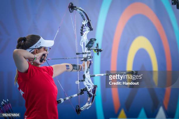In this handout image provided by the World Archery Federation, Linda Ochoa of Mexico during the compound Women's finals during the Hyundai Archery...