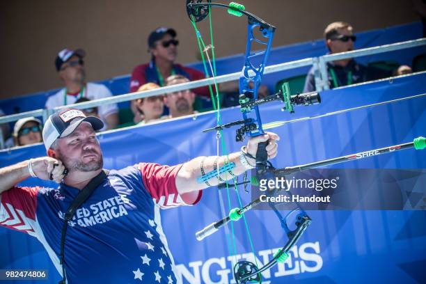 In this handout image provided by the World Archery Federation, Reo Wilde of USA during the compound Men's team finals during the Hyundai Archery...