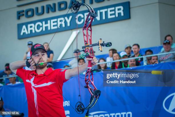 In this handout image provided by the World Archery Federation, Stephan Hansen of Denmark during the compound Men's finals during the Hyundai Archery...