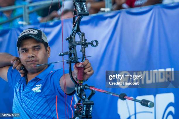 In this handout image provided by the World Archery Federation, Abhishek Verma of India during the compound Men's finals during the Hyundai Archery...