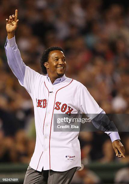 Former the Boston Red Sox pitcher Pedro Martinez greets the fans before the game against the New York Yankees on April 4, 2010 during Opening Night...