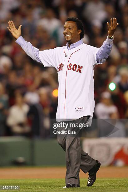 Former the Boston Red Sox pitcher Pedro Martinez greets the fans before the game against the New York Yankees on April 4, 2010 during Opening Night...