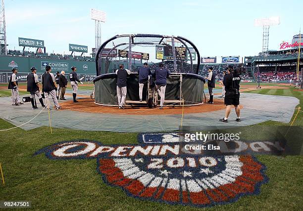 The New York Yankees take batting practice before the game against the Boston Red Sox on April 4, 2010 during Opening Night at Fenway Park in Boston,...