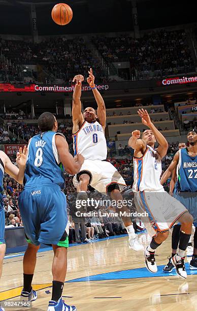 Russell Westbrook of the Oklahoma City Thunder shoots over Ryan Gomes of the Minnesota Timberwolves on April 4, 2010 at the Ford Center in Oklahoma...