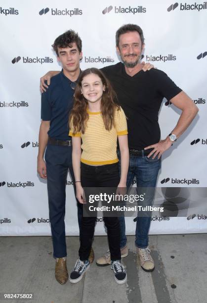 Deaken Bluman, Cleo Fraser and Olivier Gauriat attend the premiere of Blackpills and Barnstormer Productions' "First Love" at Zebulon on June 23,...