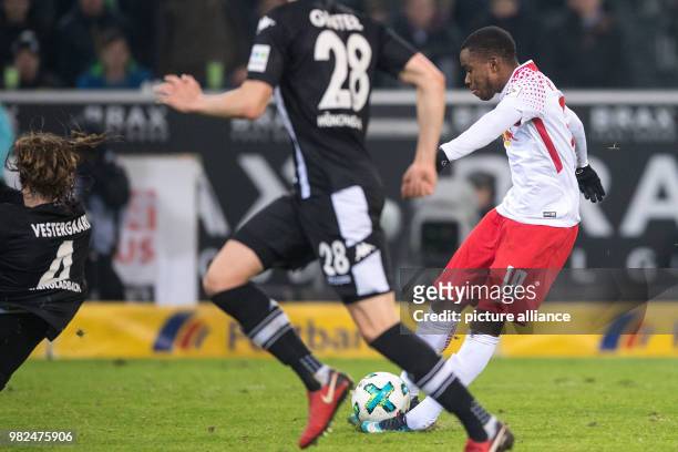 Leipzig's Ademola Lookman scores to make it 1:0 during the German Bundesliga football match between Borussia Moenchengladbach and RB Leipzig at the...