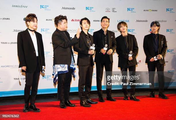 Heechul, Leeteuk, Yesung, Eunhyuk, Shindong, Siwon and Donghae of Boy Band Super Junior attend the red carpet at KCON Day 1 2018 NY presented by...