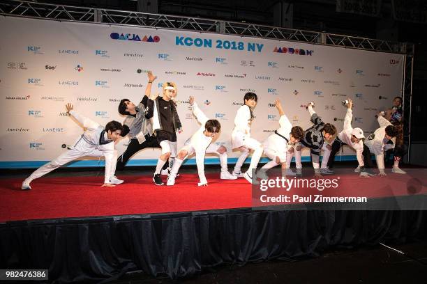 Hong Seok, Jin Ho, Yan An, Hui, Yeo One, Shin Won, Woo Seok, E Dawn, Kino and Yuto of boy band Pentagon attend the red carpet at KCON Day 1 2018 NY...